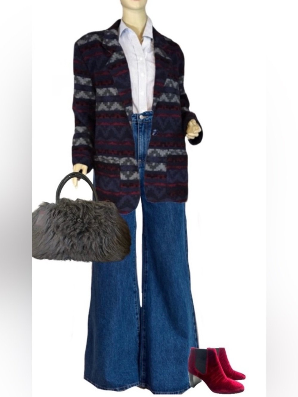 VINTAGE 1980'S MARNIE WEST WOOL BLEND BLUE, GRAY, RED BLAZER (M)